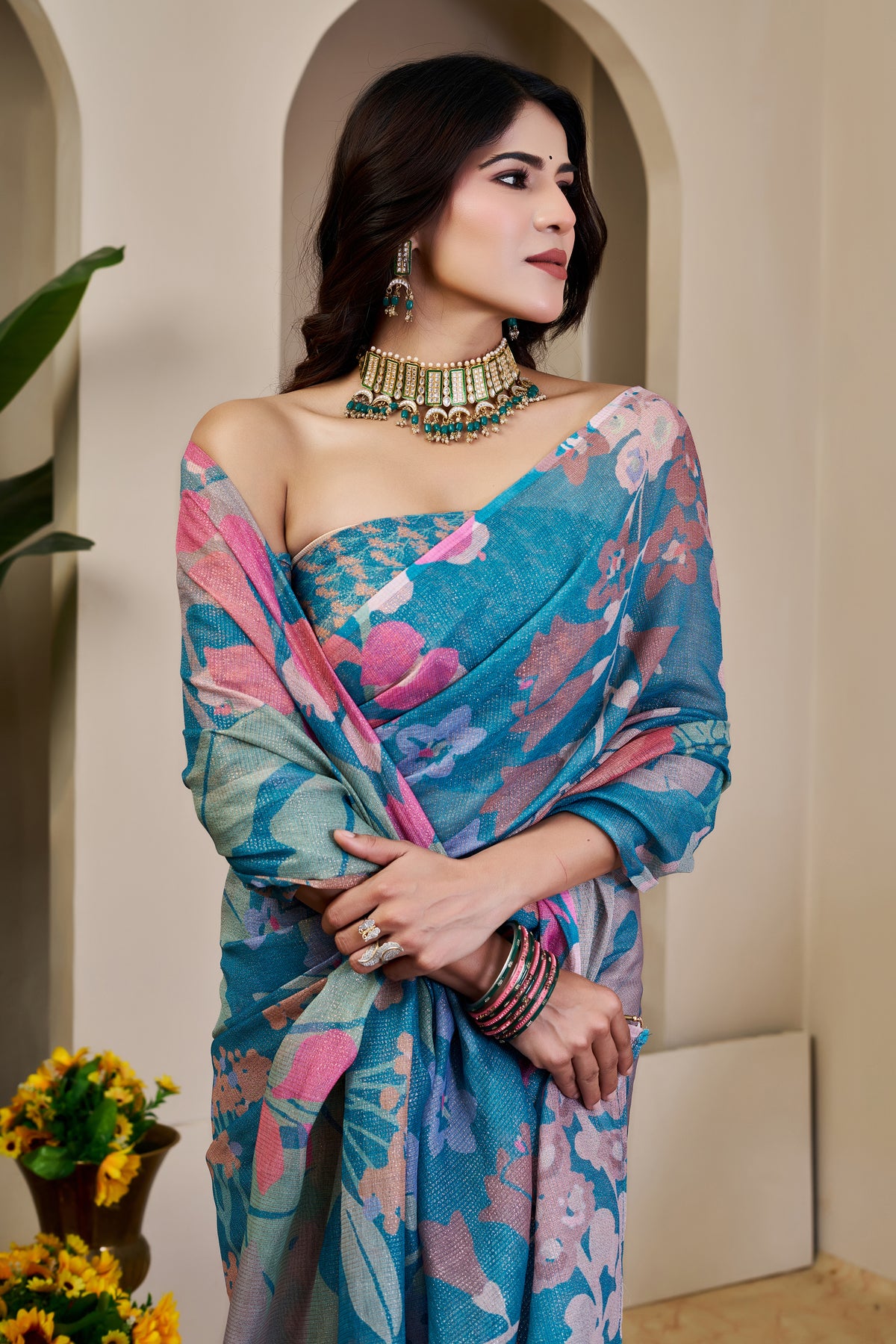 Turquoise Blue Tissue Silk Saree with Pink Floral Design and Running Blouse for Festive Occasions | Swaraas