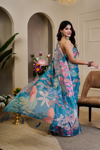 Turquoise Blue Tissue Silk Saree with Pink Floral Design and Running Blouse for Festive Occasions | Swaraas