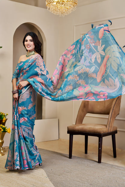 Turquoise Blue Tissue Silk Saree with Pink Floral Design and Running Blouse for Festive Occasions | Swaraas