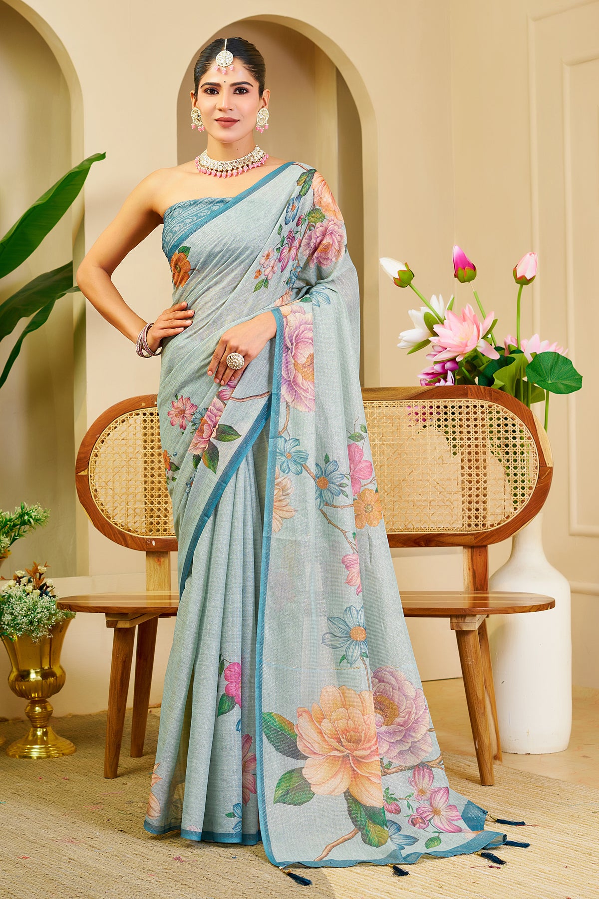 Light Aqua Blue Tissue Silk Saree with Multicolour Floral Print, Teal Border and Running Blouse for Festive Wear