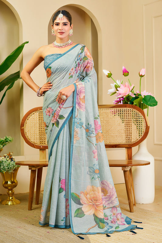 Light Aqua Blue Tissue Silk Saree with Multicolour Floral Print, Teal Border and Running Blouse for Festive Wear