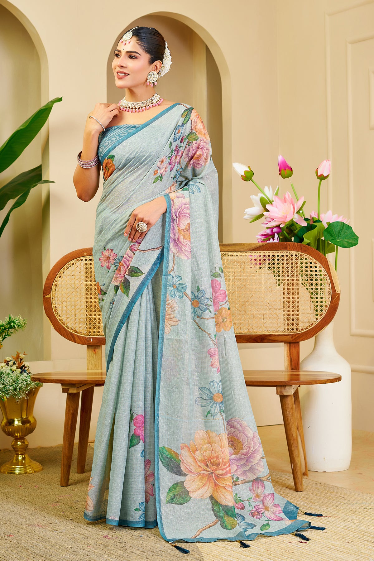 Light Aqua Blue Tissue Silk Saree with Multicolour Floral Print, Teal Border and Running Blouse for Festive Wear