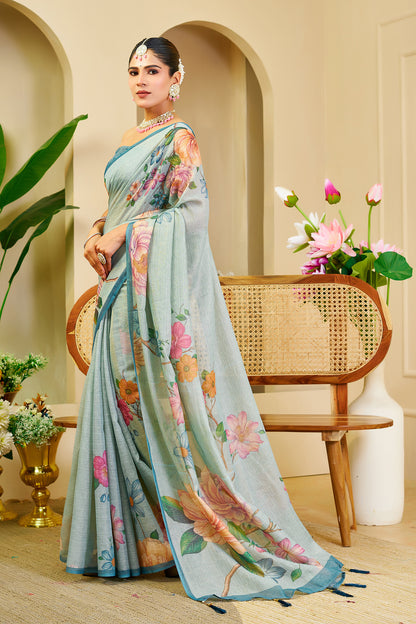 Light Aqua Blue Tissue Silk Saree with Multicolour Floral Print, Teal Border and Running Blouse for Festive Wear