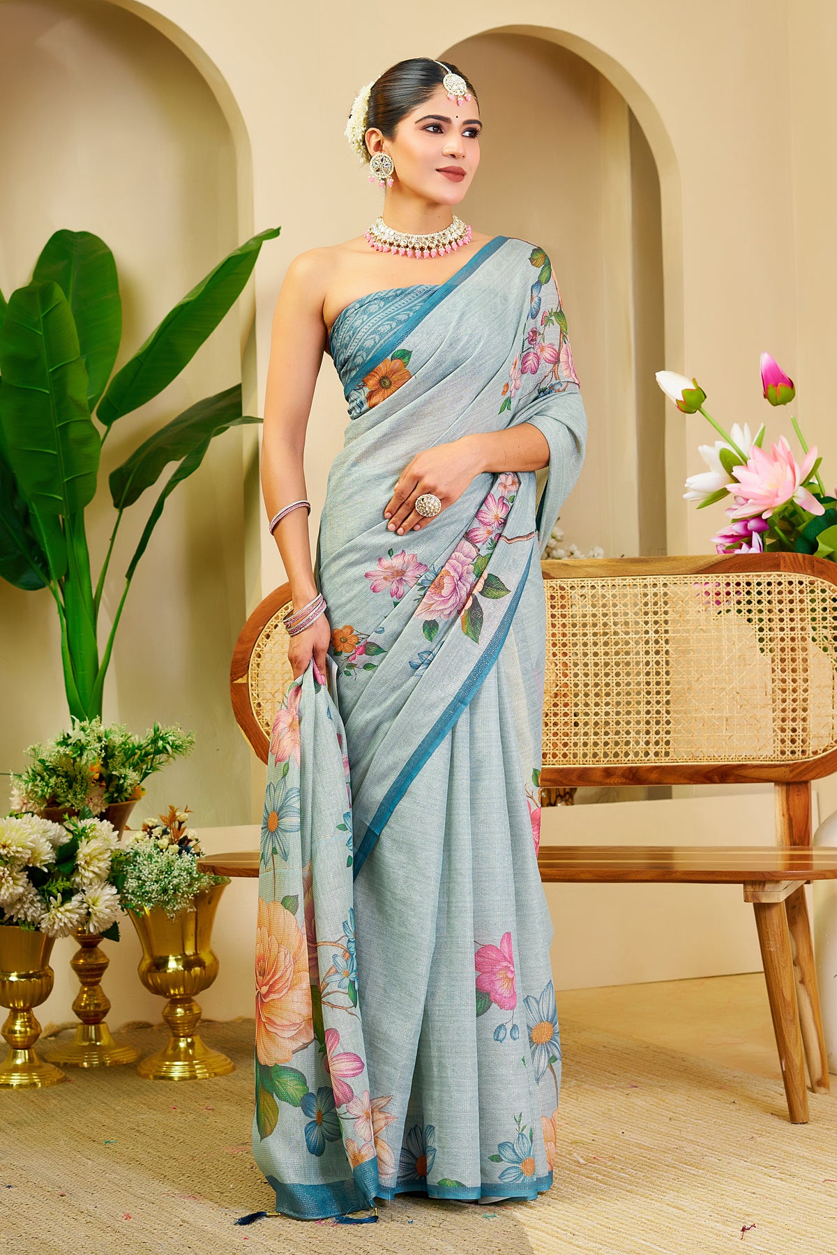 Light Aqua Blue Tissue Silk Saree with Multicolour Floral Print, Teal Border and Running Blouse for Festive Wear