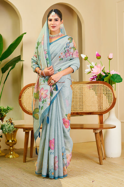 Light Aqua Blue Tissue Silk Saree with Multicolour Floral Print, Teal Border and Running Blouse for Festive Wear