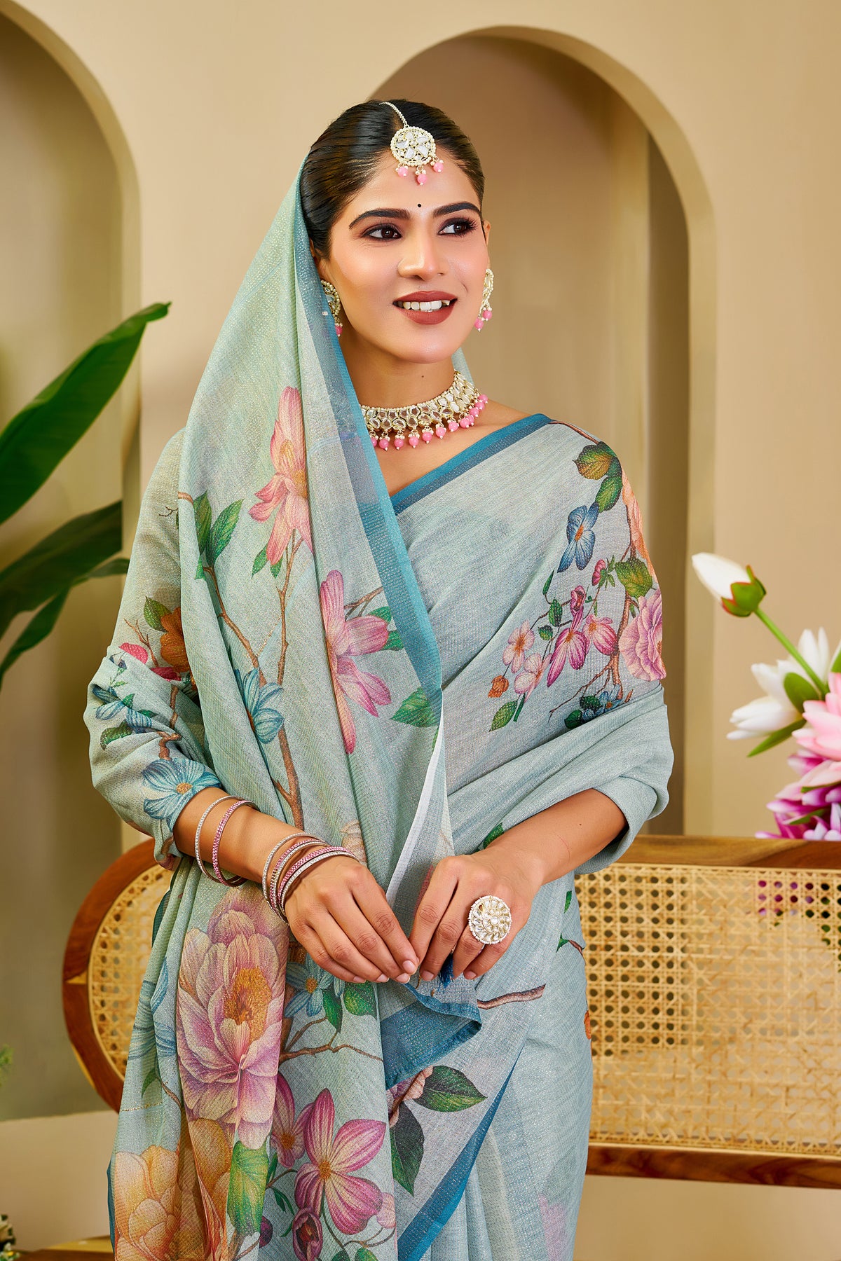 Light Aqua Blue Tissue Silk Saree with Multicolour Floral Print, Teal Border and Running Blouse for Festive Wear