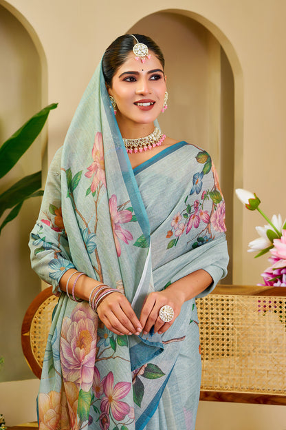 Light Aqua Blue Tissue Silk Saree with Multicolour Floral Print, Teal Border and Running Blouse for Festive Wear