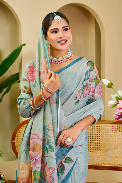 Light Aqua Blue Tissue Silk Saree with Multicolour Floral Print, Teal Border and Running Blouse for Festive Wear