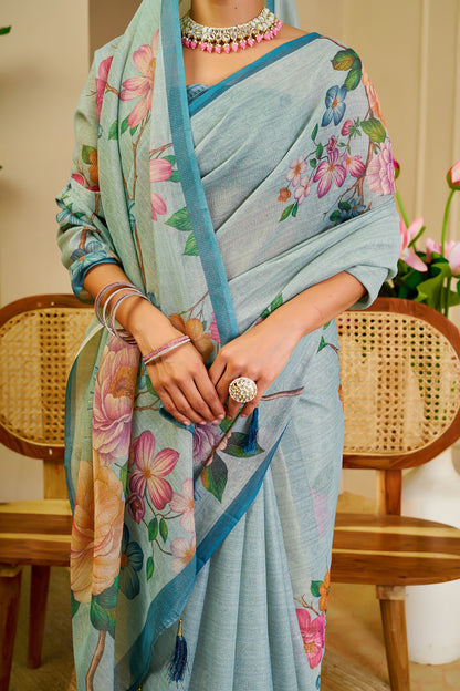 Light Aqua Blue Tissue Silk Saree with Multicolour Floral Print, Teal Border and Running Blouse for Festive Wear