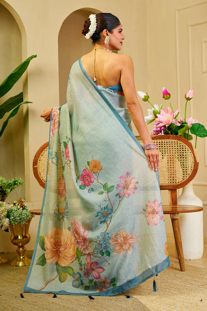 Light Aqua Blue Tissue Silk Saree with Multicolour Floral Print, Teal Border and Running Blouse for Festive Wear