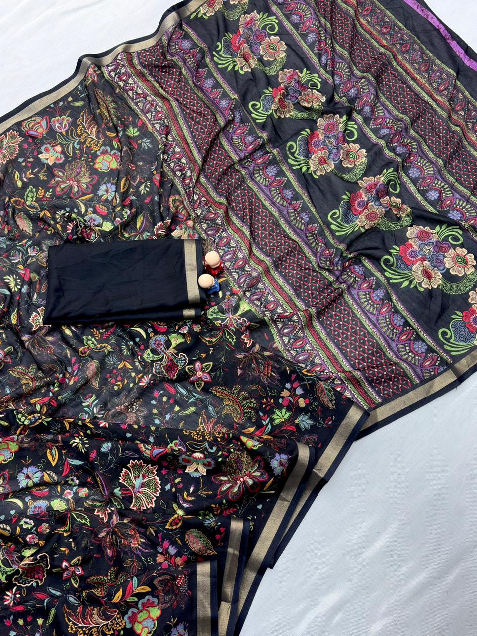 Mul Cotton Silk Kalamkari Print Saree with Zari Border – 6.30 Mtrs