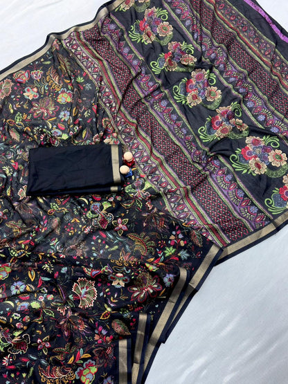 Mul Cotton Silk Kalamkari Print Saree with Zari Border – 6.30 Mtrs