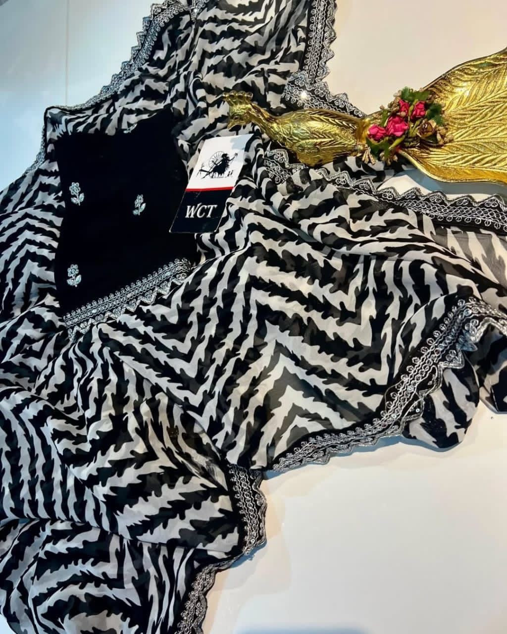 Lehriya Georgette Printed Saree with Heavy Sequin Lace Border & Silk Embroidered Blouse – Lahriya Special Collection