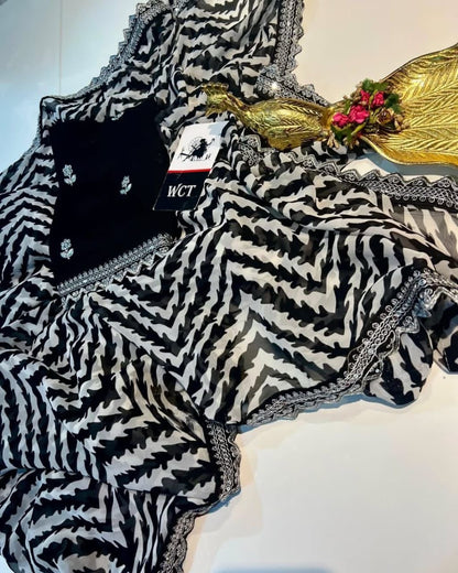 Lehriya Georgette Printed Saree with Heavy Sequin Lace Border & Silk Embroidered Blouse – Lahriya Special Collection