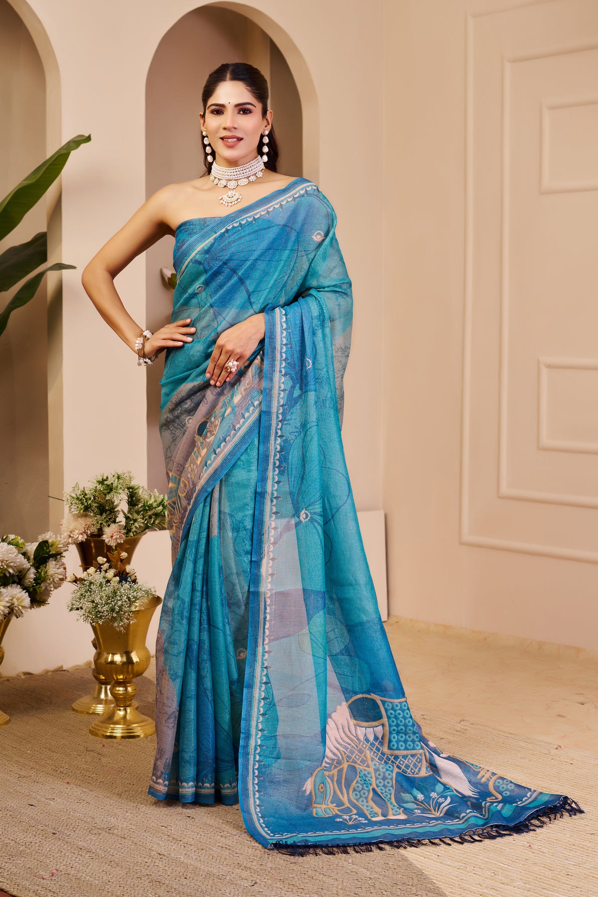 Turquoise Blue Tissue Silk Saree with Decorative Border and Elephant Motif Pallu, 6.3 m with Running Blouse for Festive Wear