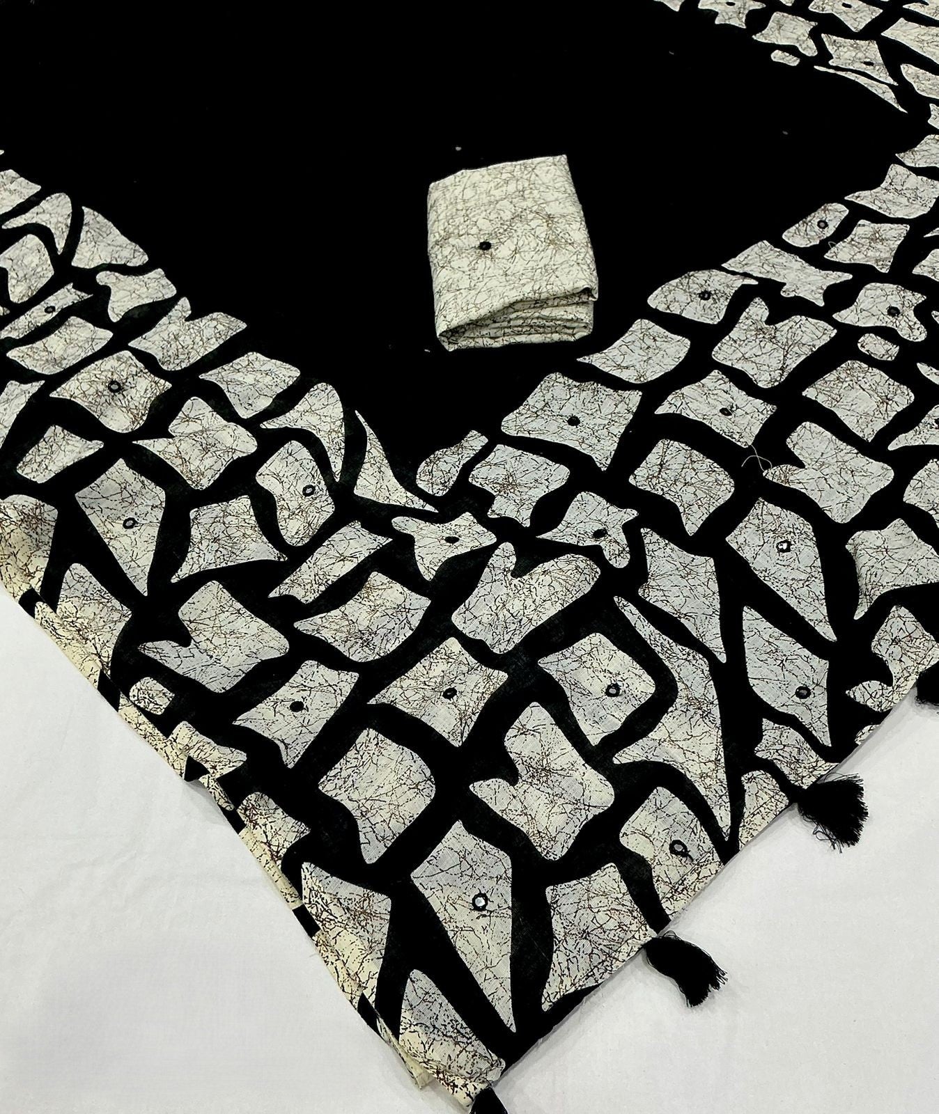 Black white batik linen saree - folded with blouse piece