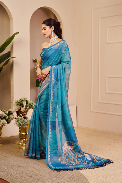 Turquoise Blue Tissue Silk Saree with Decorative Border and Elephant Motif Pallu, 6.3 m with Running Blouse for Festive Wear