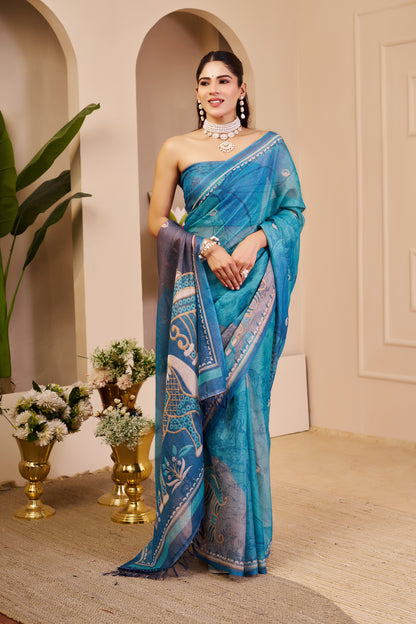 Turquoise Blue Tissue Silk Saree with Decorative Border and Elephant Motif Pallu, 6.3 m with Running Blouse for Festive Wear