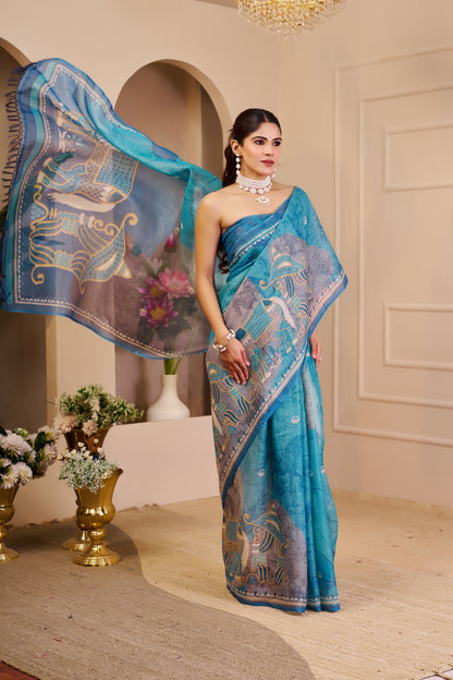 Turquoise Blue Tissue Silk Saree with Decorative Border and Elephant Motif Pallu, 6.3 m with Running Blouse for Festive Wear