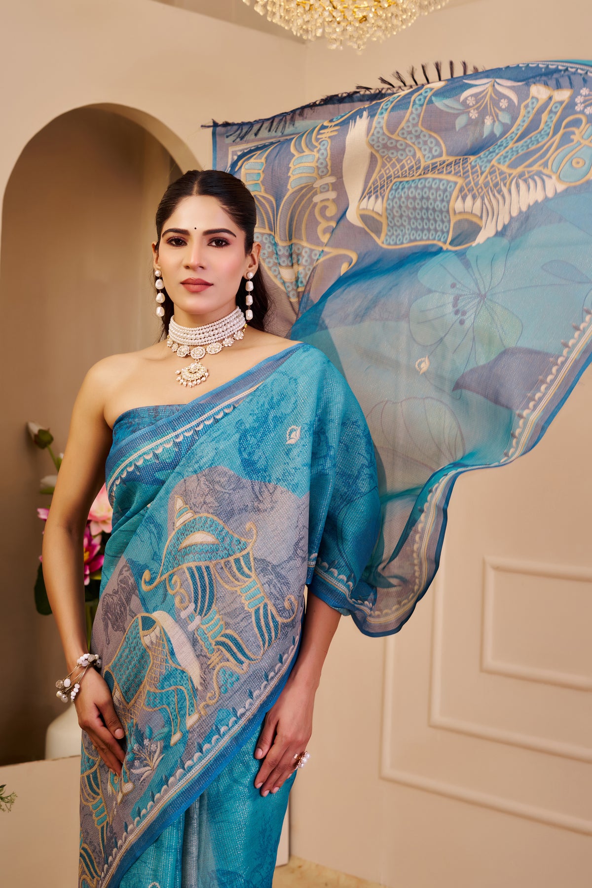 Turquoise Blue Tissue Silk Saree with Decorative Border and Elephant Motif Pallu, 6.3 m with Running Blouse for Festive Wear
