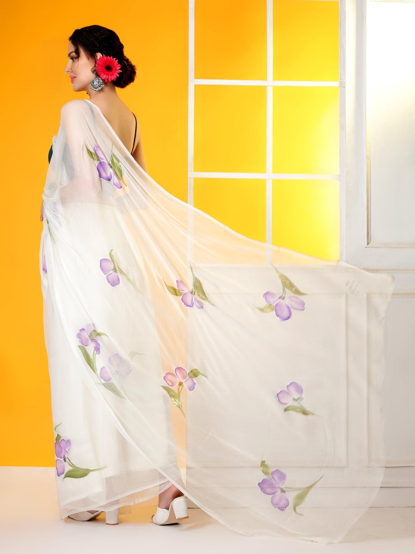 Off-white Lavender digital printed Chiffon Saree Set