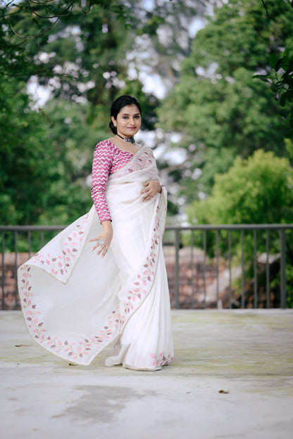 Premium Crushed Georgette Designer Saree in White Leaf Edition with Batik Print Crape Silk Blouse