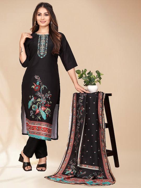 Black woven Design Kurta with Trousers with dupatta - Swaraas