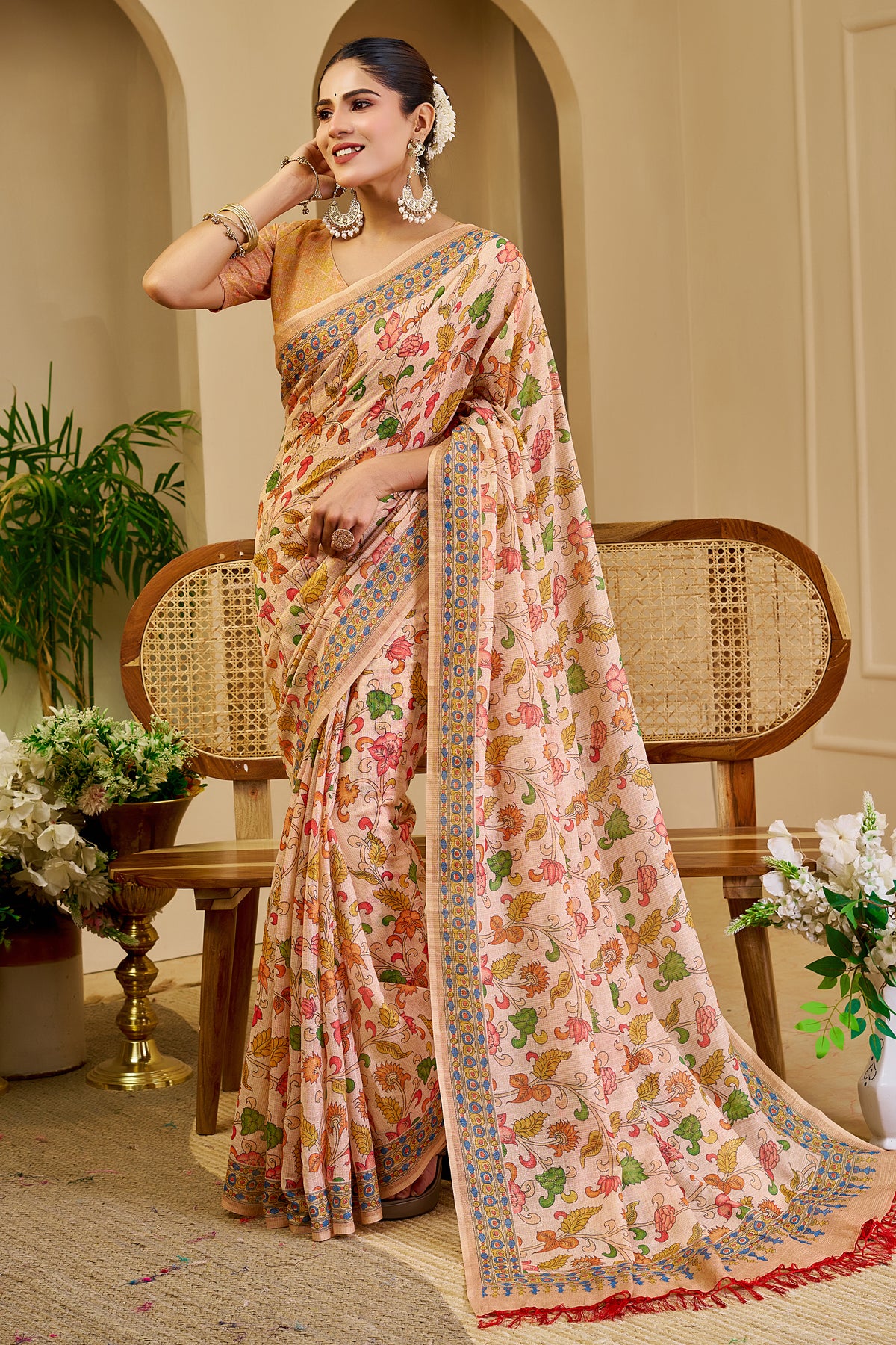 Peach Beige Tissue Silk Saree with Multicolour Floral Print, Decorative Border and Running Blouse for Festive Wear