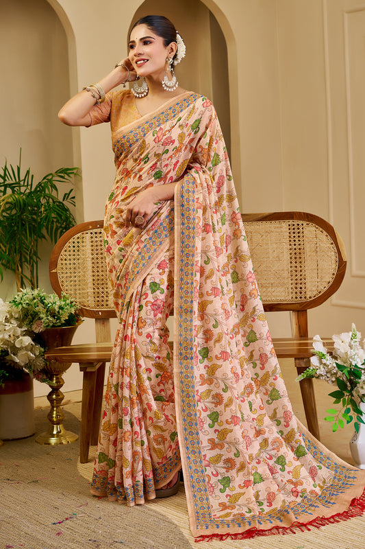 Peach Beige Tissue Silk Saree with Multicolour Floral Print, Decorative Border and Running Blouse for Festive Wear