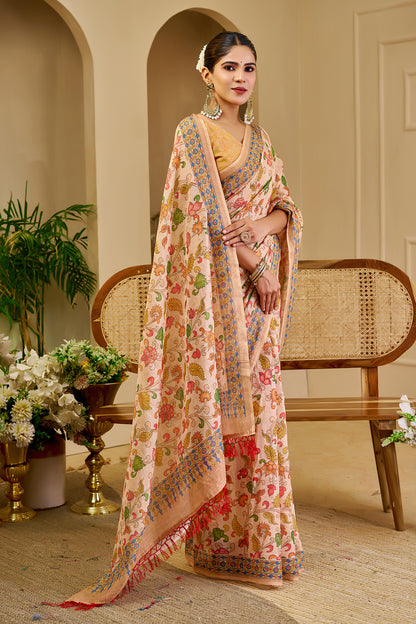 Peach Beige Tissue Silk Saree with Multicolour Floral Print, Decorative Border and Running Blouse for Festive Wear