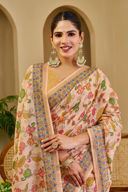 Peach Beige Tissue Silk Saree with Multicolour Floral Print, Decorative Border and Running Blouse for Festive Wear