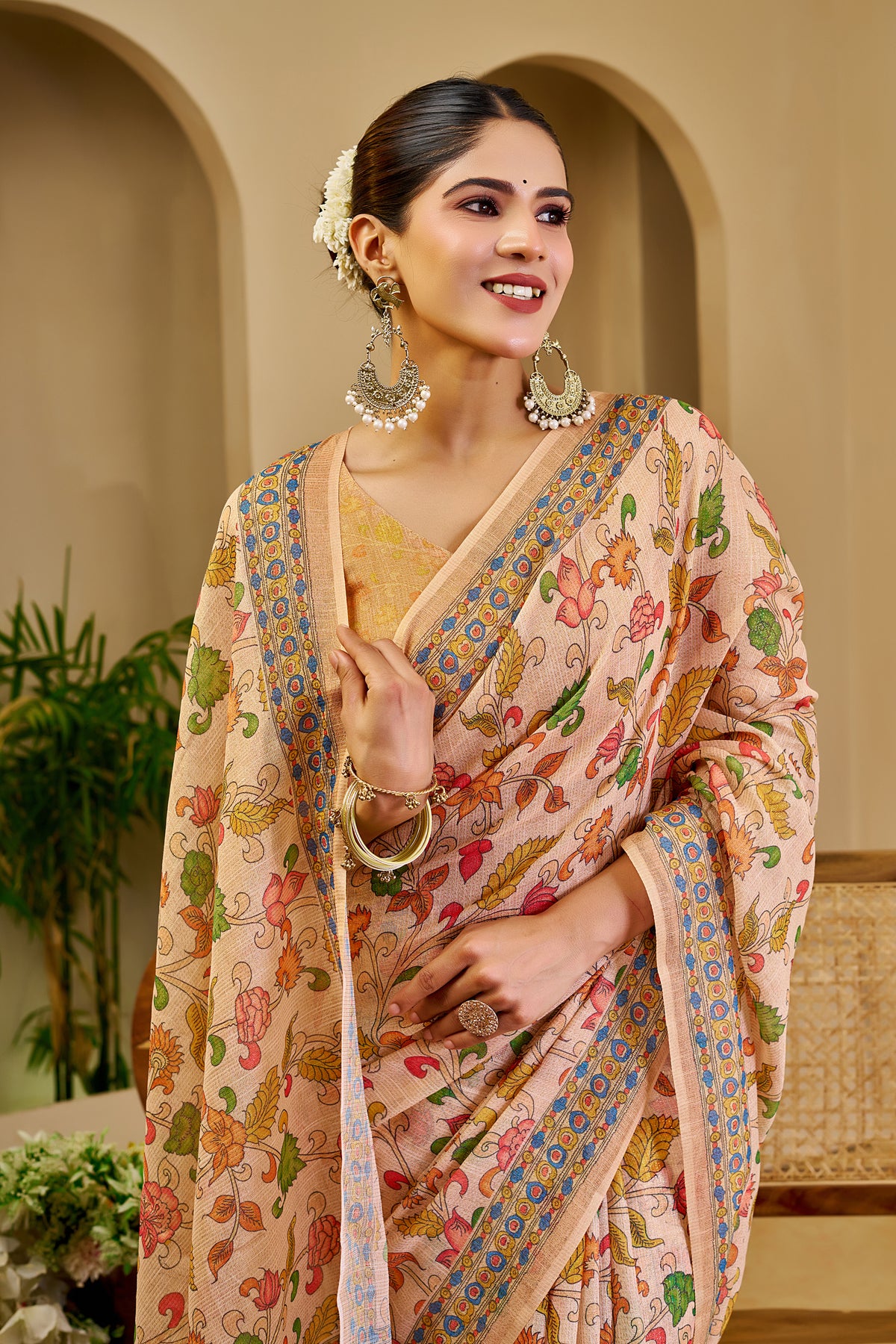 Peach Beige Tissue Silk Saree with Multicolour Floral Print, Decorative Border and Running Blouse for Festive Wear