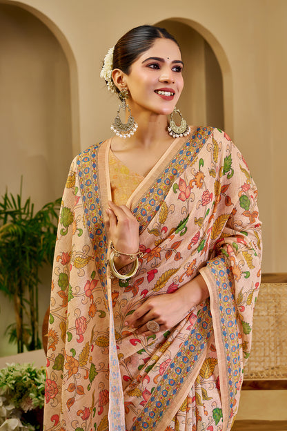 Peach Beige Tissue Silk Saree with Multicolour Floral Print, Decorative Border and Running Blouse for Festive Wear