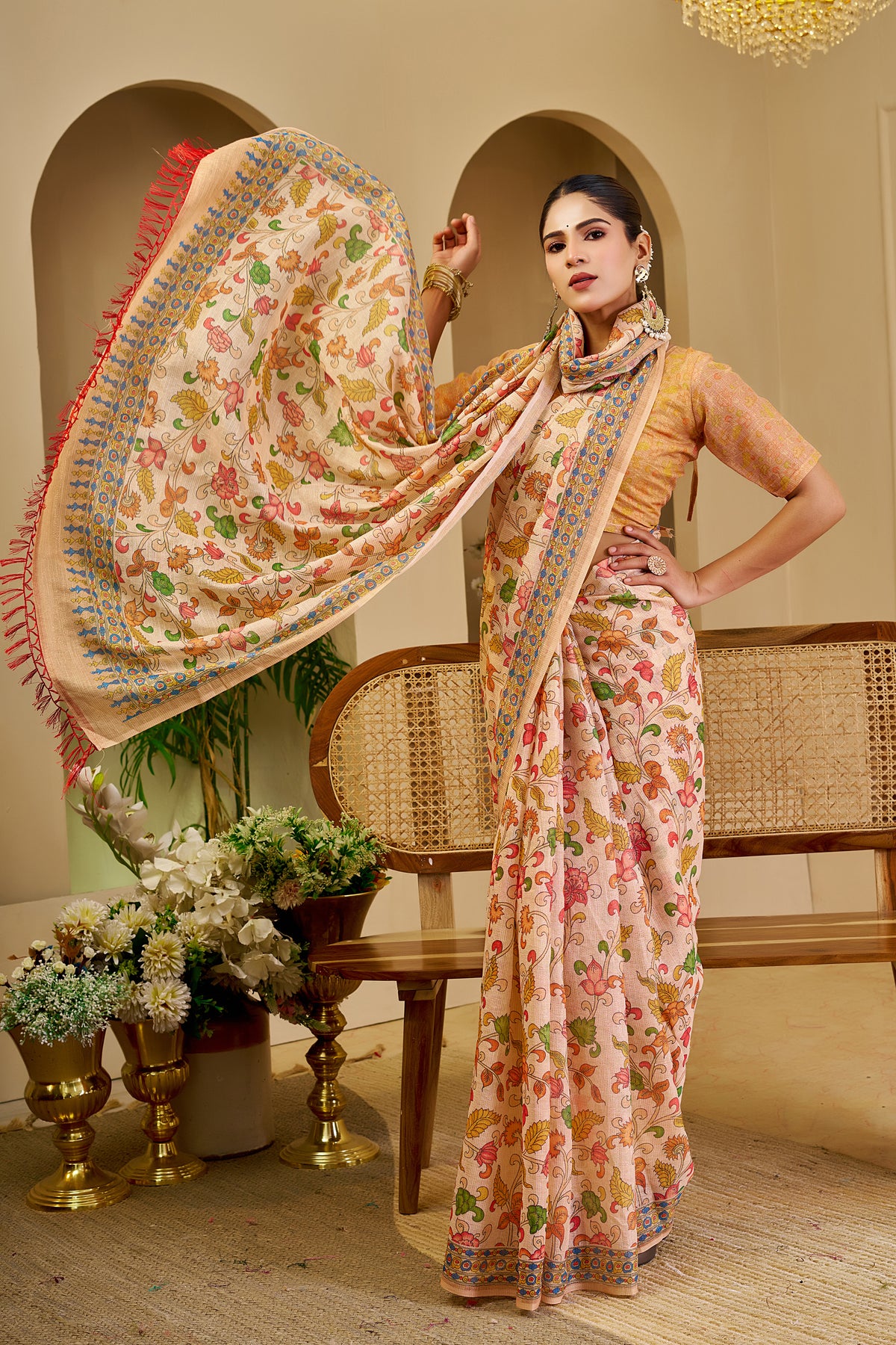 Peach Beige Tissue Silk Saree with Multicolour Floral Print, Decorative Border and Running Blouse for Festive Wear