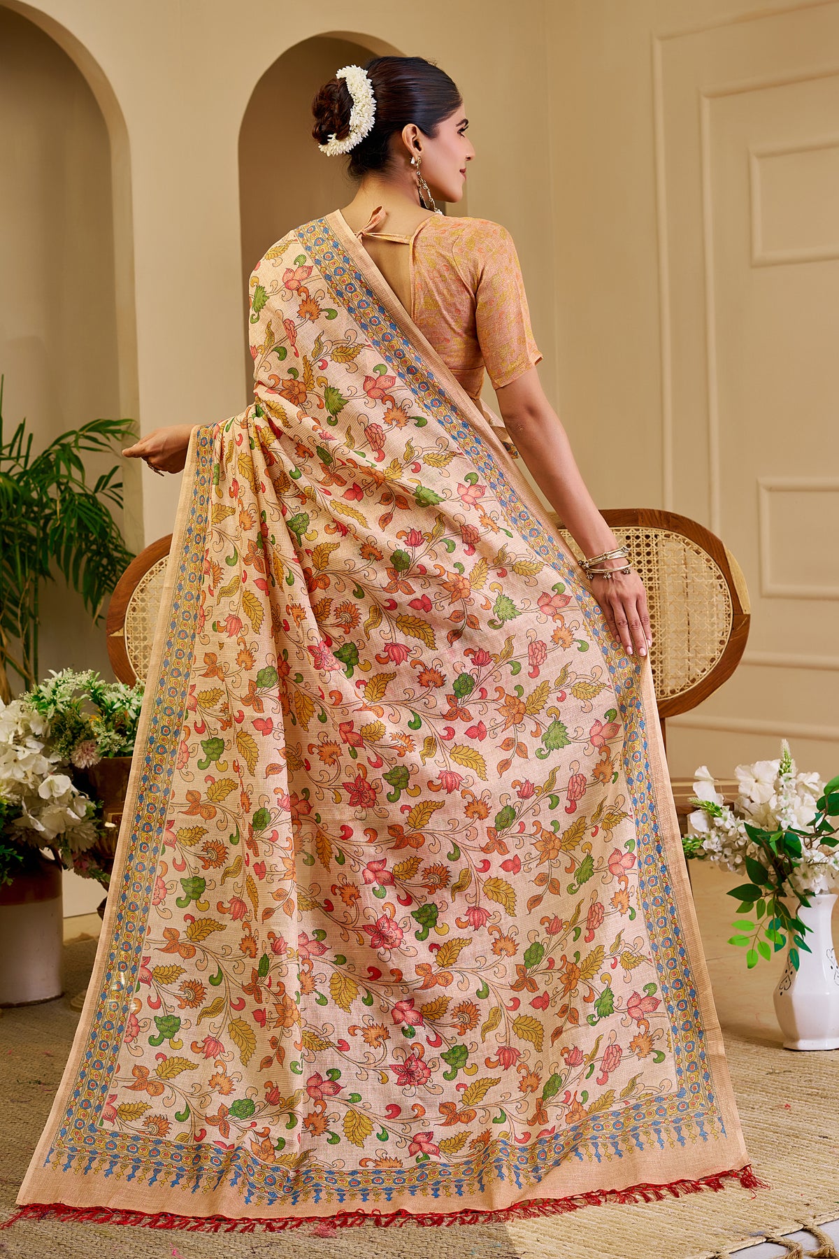Peach Beige Tissue Silk Saree with Multicolour Floral Print, Decorative Border and Running Blouse for Festive Wear