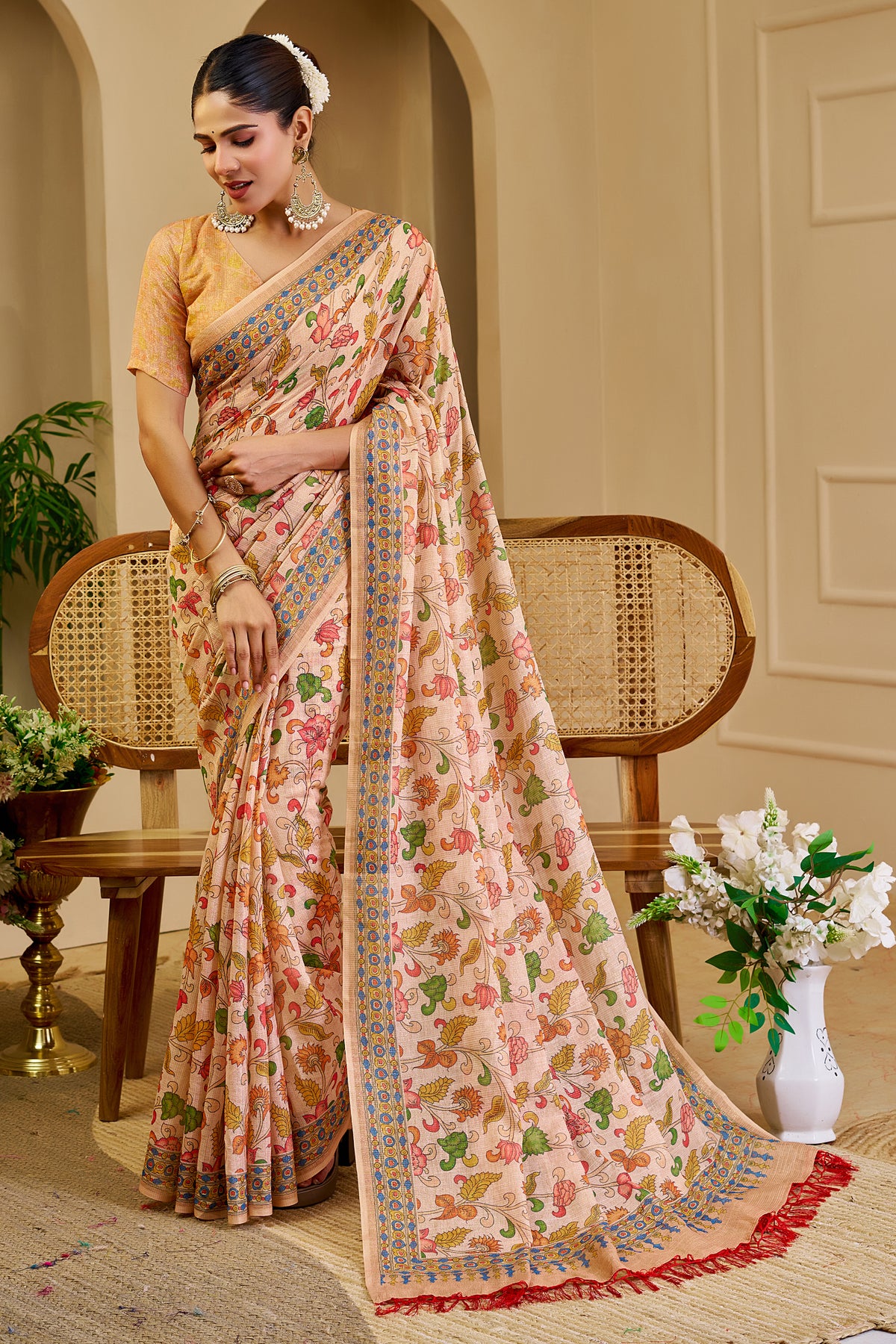 Peach Beige Tissue Silk Saree with Multicolour Floral Print, Decorative Border and Running Blouse for Festive Wear