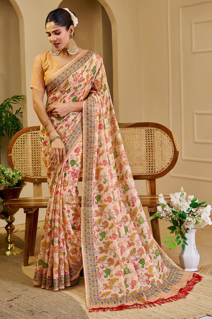 Peach Beige Tissue Silk Saree with Multicolour Floral Print, Decorative Border and Running Blouse for Festive Wear