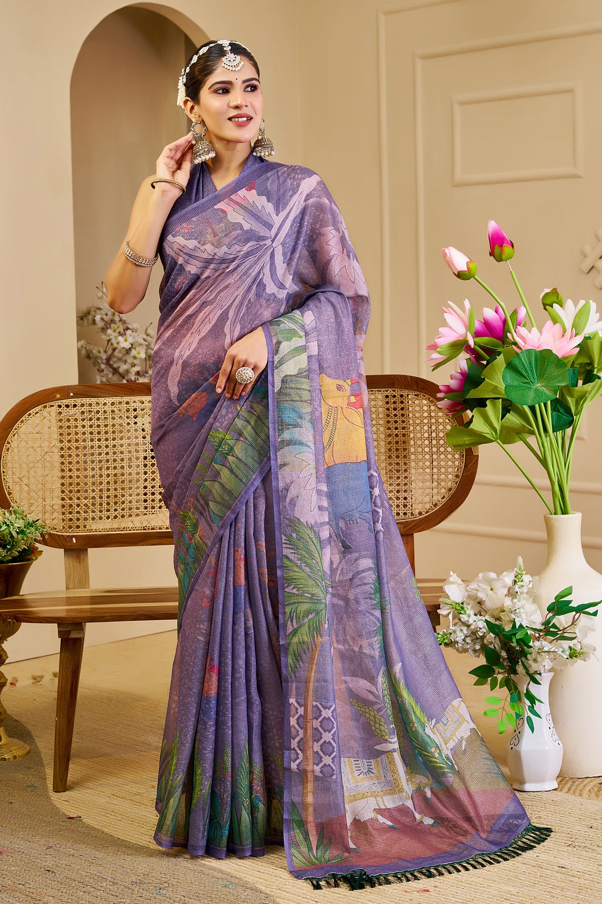 Lavender Purple Tissue Silk Saree with Floral and Heritage-Inspired Print, Tassel Pallu and Running Blouse for Festive Wear