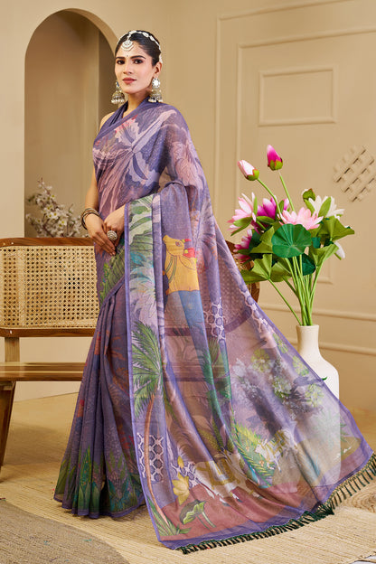 Lavender Purple Tissue Silk Saree with Floral and Heritage-Inspired Print, Tassel Pallu and Running Blouse for Festive Wear