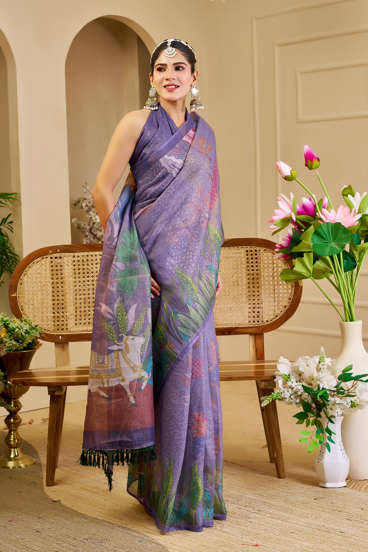 Lavender Purple Tissue Silk Saree with Floral and Heritage-Inspired Print, Tassel Pallu and Running Blouse for Festive Wear