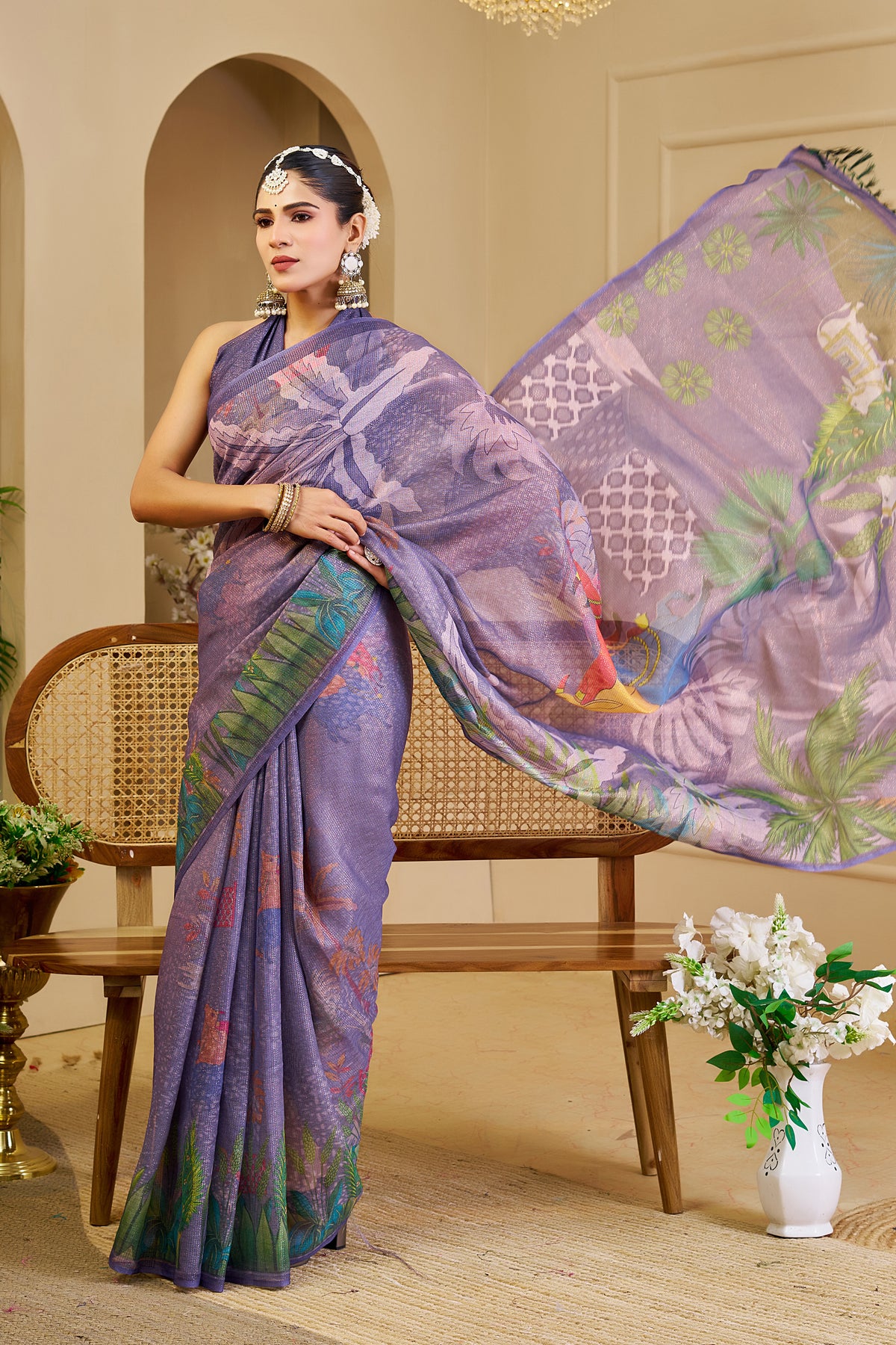 Lavender Purple Tissue Silk Saree with Floral and Heritage-Inspired Print, Tassel Pallu and Running Blouse for Festive Wear