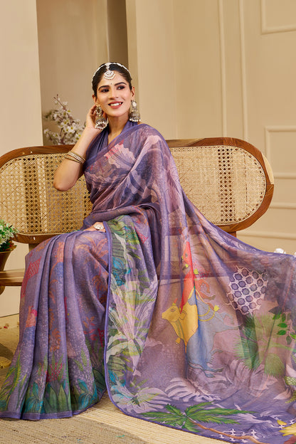 Lavender Purple Tissue Silk Saree with Floral and Heritage-Inspired Print, Tassel Pallu and Running Blouse for Festive Wear