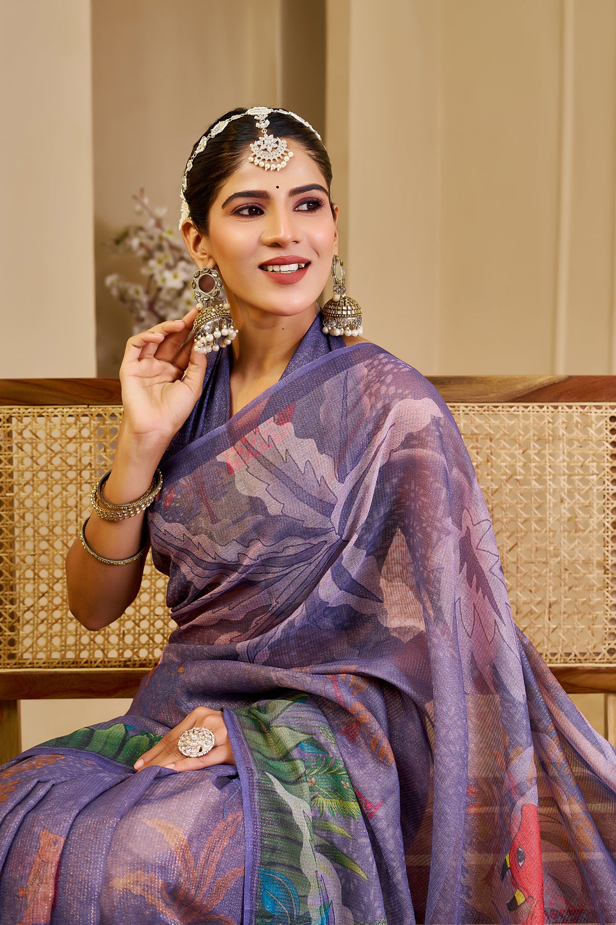 Lavender Purple Tissue Silk Saree with Floral and Heritage-Inspired Print, Tassel Pallu and Running Blouse for Festive Wear