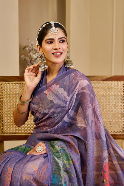 Lavender Purple Tissue Silk Saree with Floral and Heritage-Inspired Print, Tassel Pallu and Running Blouse for Festive Wear