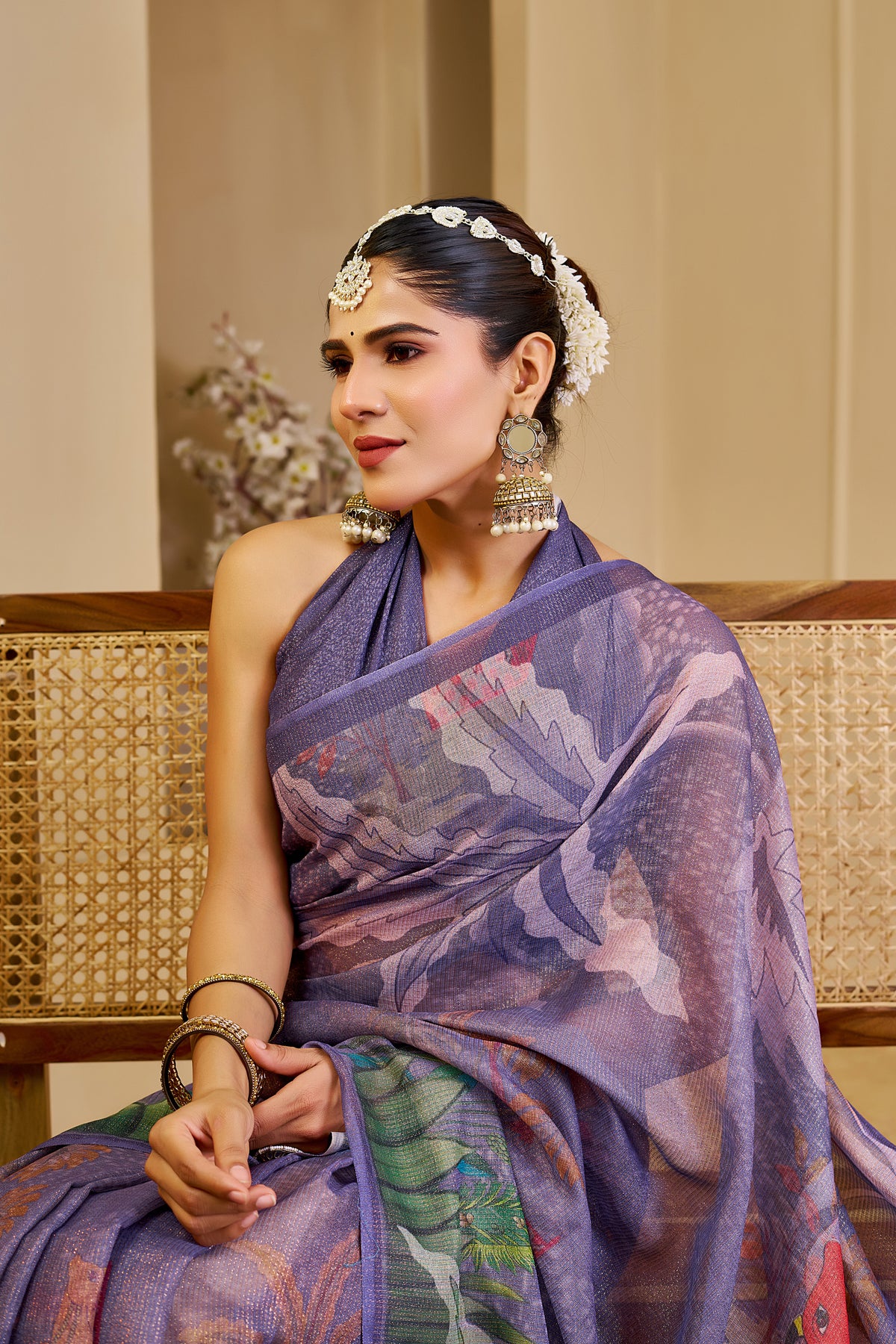 Lavender Purple Tissue Silk Saree with Floral and Heritage-Inspired Print, Tassel Pallu and Running Blouse for Festive Wear