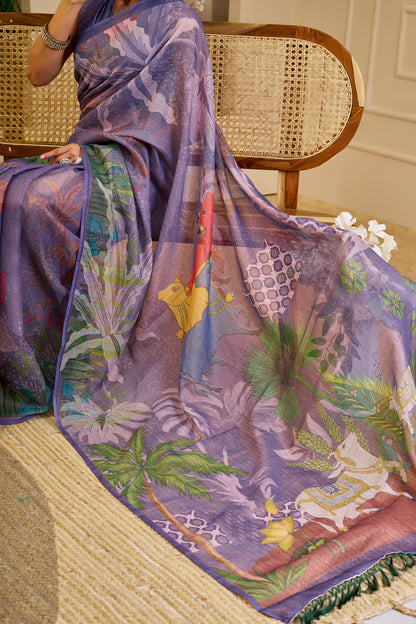 Lavender Purple Tissue Silk Saree with Floral and Heritage-Inspired Print, Tassel Pallu and Running Blouse for Festive Wear