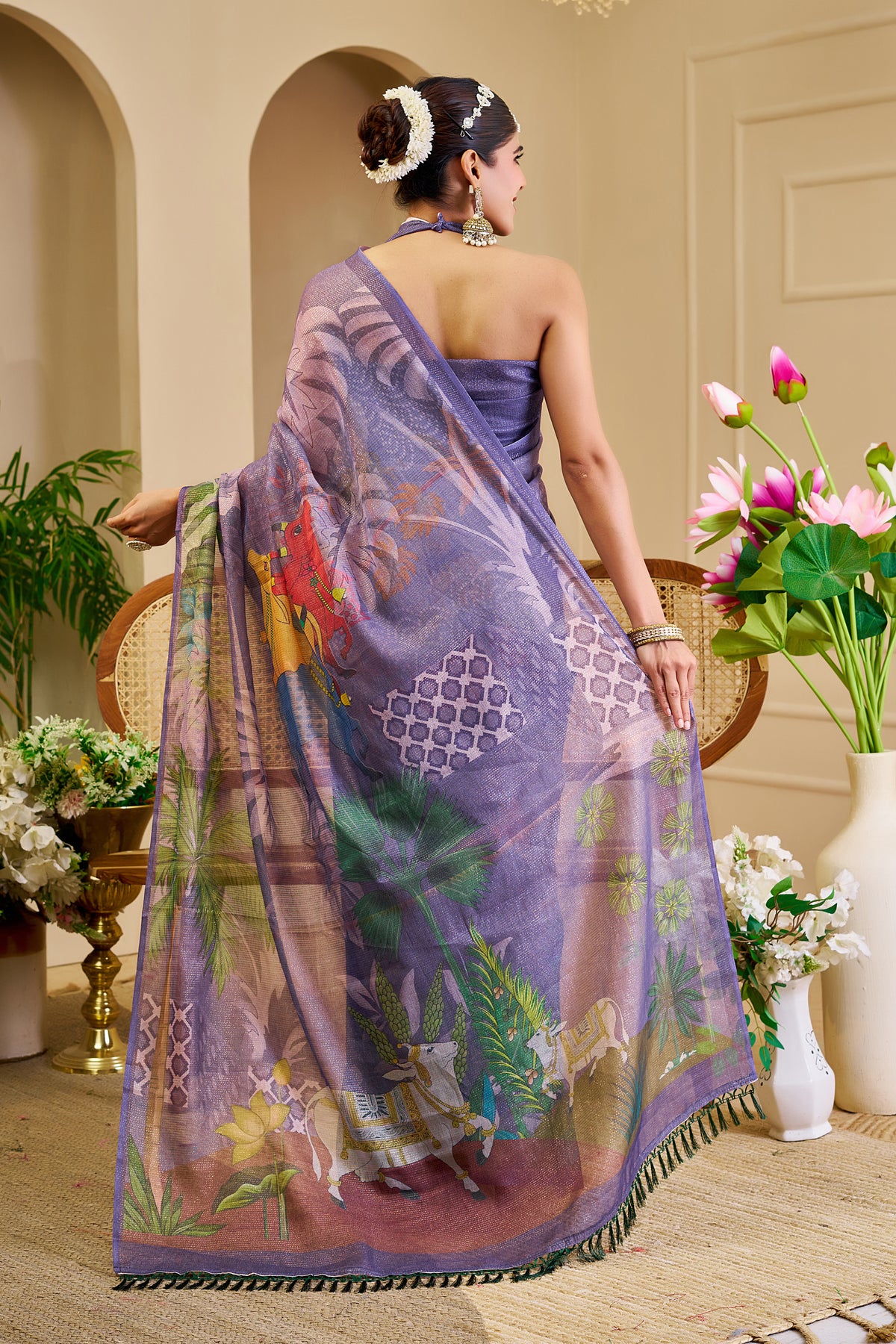 Lavender Purple Tissue Silk Saree with Floral and Heritage-Inspired Print, Tassel Pallu and Running Blouse for Festive Wear