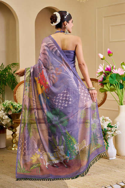 Lavender Purple Tissue Silk Saree with Floral and Heritage-Inspired Print, Tassel Pallu and Running Blouse for Festive Wear