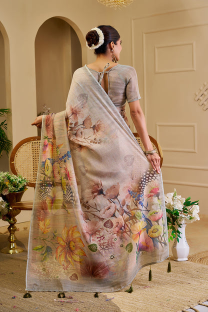Pearl Grey Tissue Silk Saree with Multicolour Floral Digital Print, Tassel Pallu and Running Blouse for Festive Wear