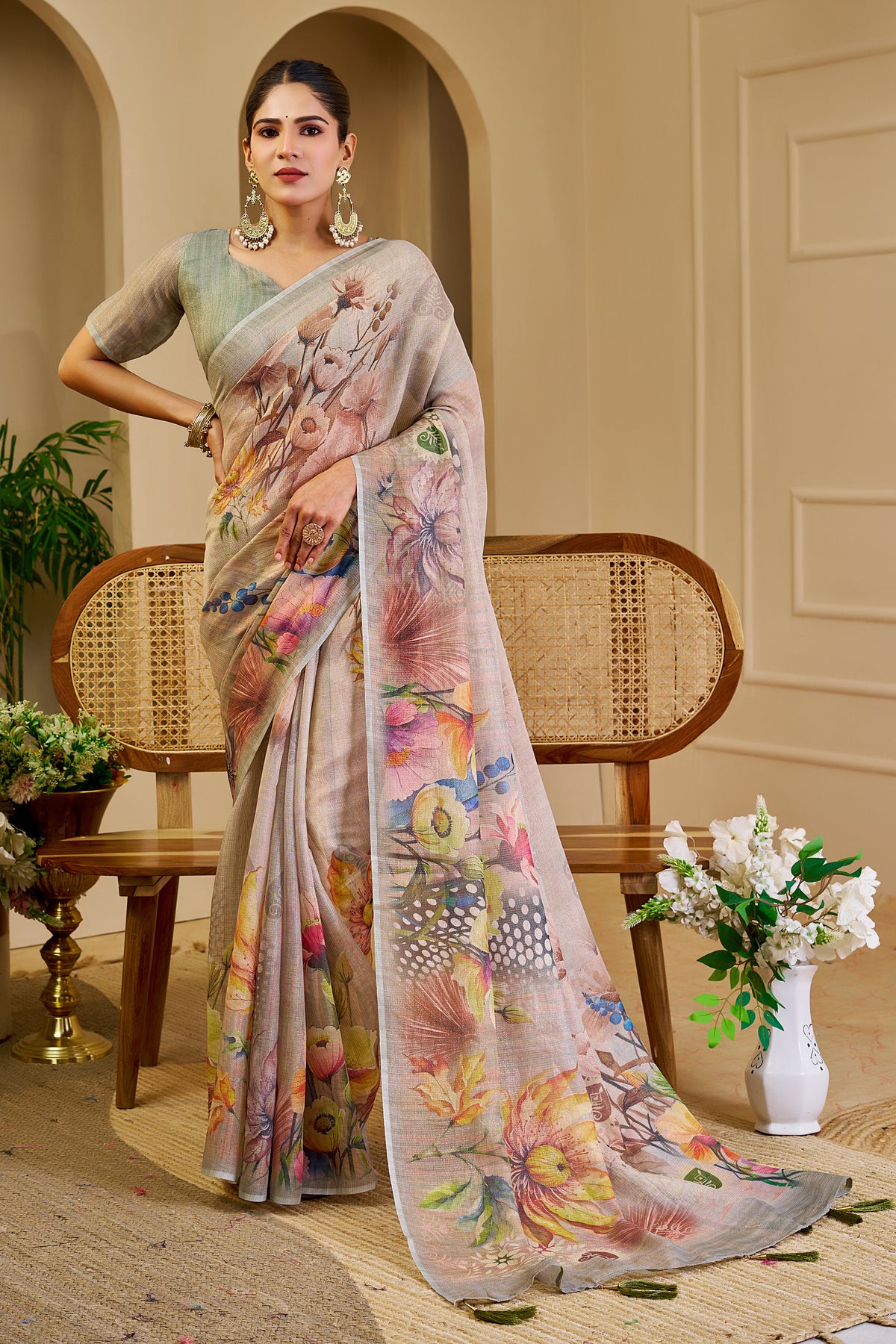 Pearl Grey Tissue Silk Saree with Multicolour Floral Digital Print, Tassel Pallu and Running Blouse for Festive Wear